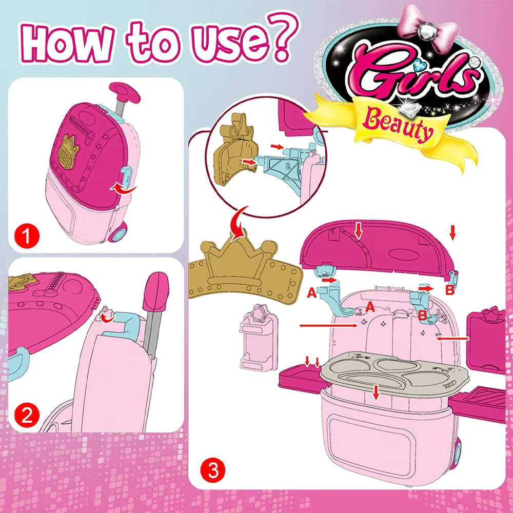 Girls' 2-In-1 Makeup Table & Trolley Case Set/008-983a