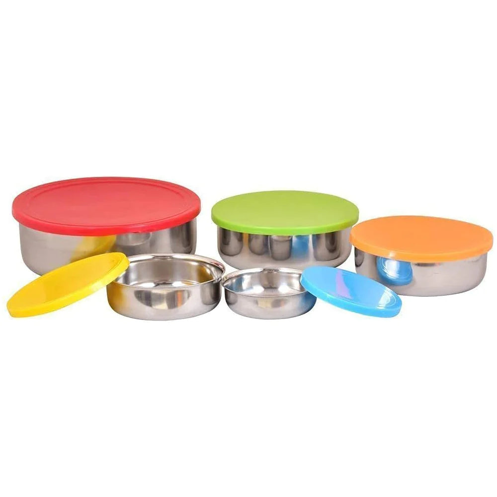 Set Of 5 Stainless Steel Storage Bowls With Airtight Multi-Colored Lids 5 Pcs/kr-318