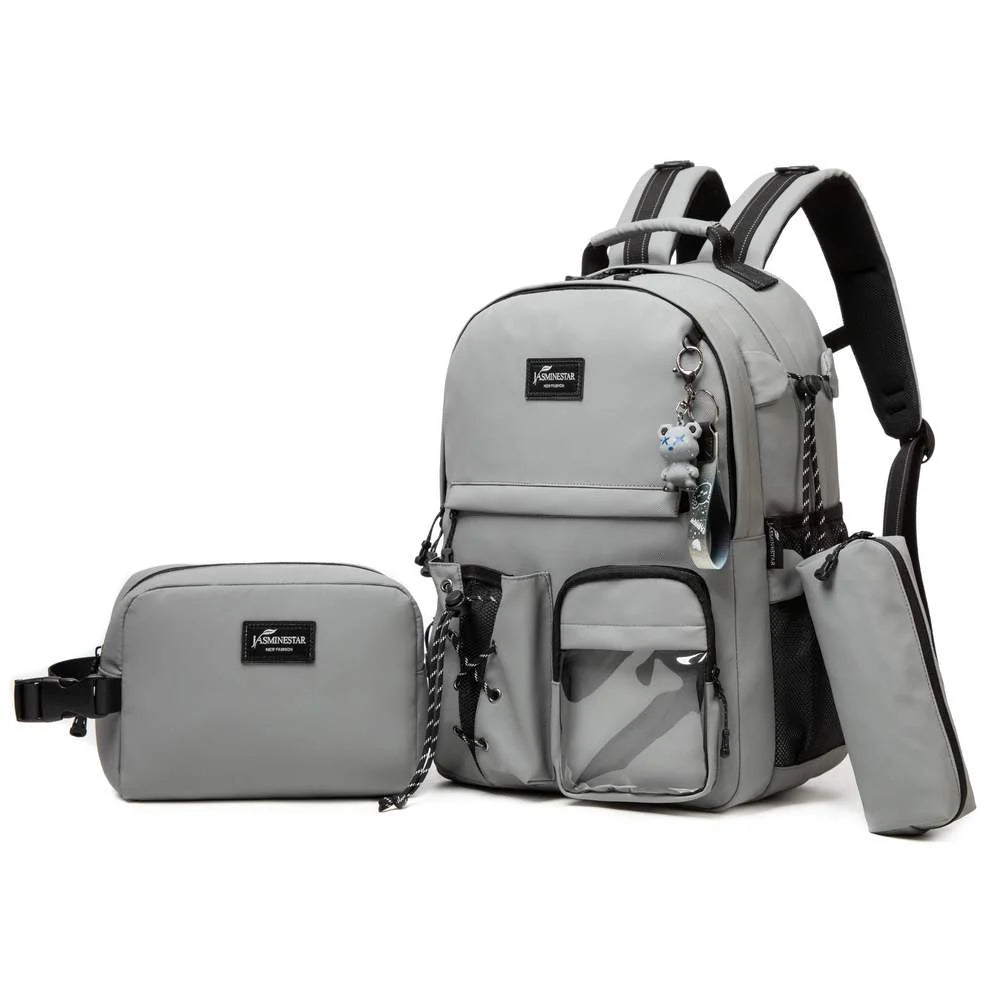 Grey Backpack With Lunch Box & Pencil Bag Set Of 3 Pcs/17002-3