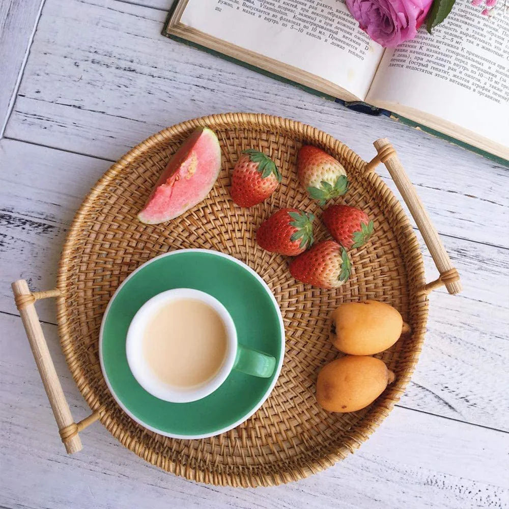 Rattan Decorative Serving Tray With Handle Kitchen Organizer/jr23-27