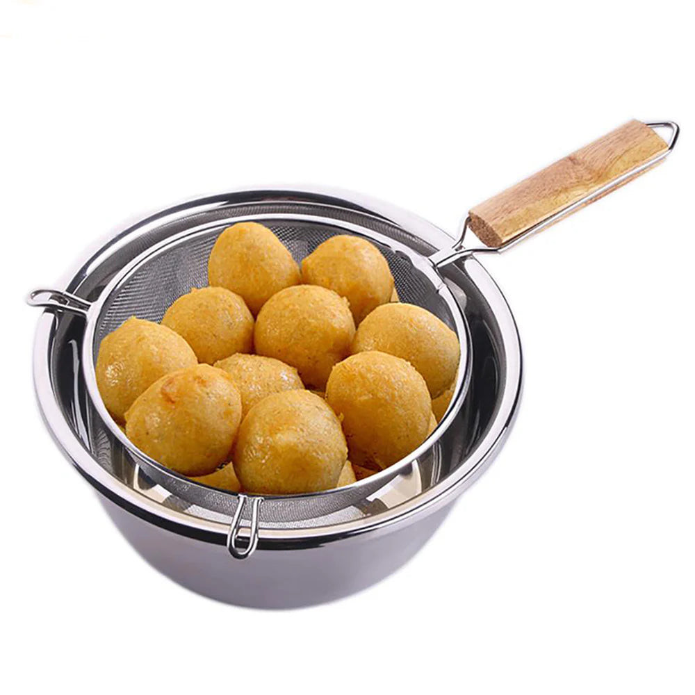Generic Large Wooden Handheld Mesh Oil Strainer Stainless Steel Fry Basket Flour Sifter /I005875