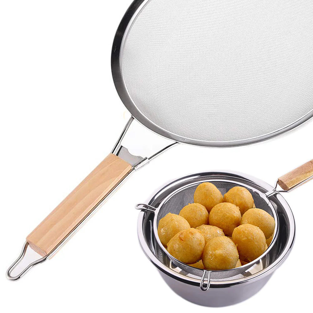 Generic Large Wooden Handheld Mesh Oil Strainer Stainless Steel Fry Basket Flour Sifter /I005875