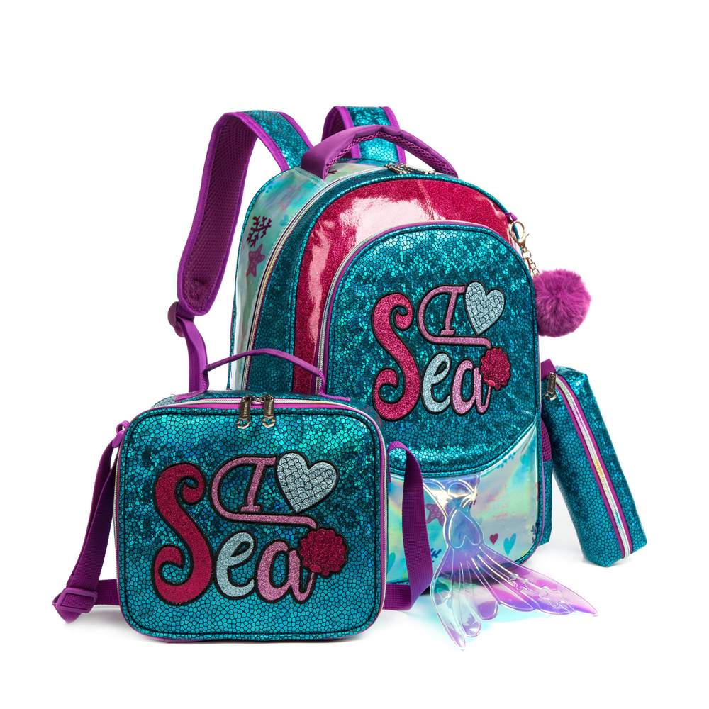 Eazy Kids-17inch School Bag Lunch Bag Pencil Case Set Of 3 Mermaid Sea - Green / 11505-3