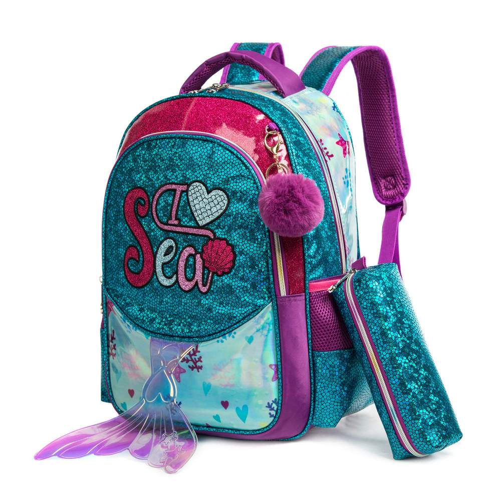 Eazy Kids-17inch School Bag Lunch Bag Pencil Case Set Of 3 Mermaid Sea - Green / 11505-3