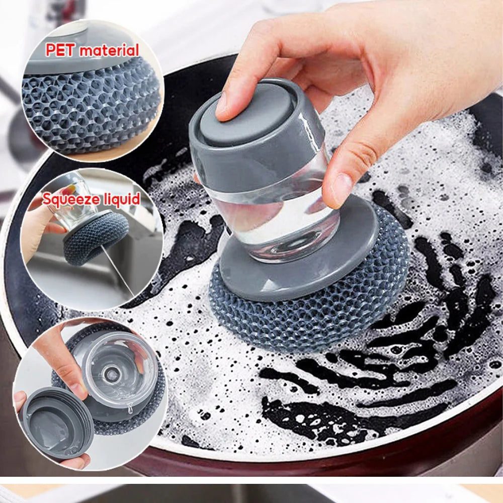 Soap Dispensing Palm Brush Scrub Cleaning Brush With Liquid Storage Tank Kitchen Dishwashing Brush For Pot Pan Sink Cleaning/kn-140
