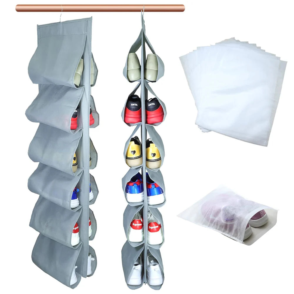 12 Pockets Hanging Shoe Organizer for Closet with Hanger for Storage Mens Shoes,Kids ,Also can used as Travel shoe rack hanging/kr-060