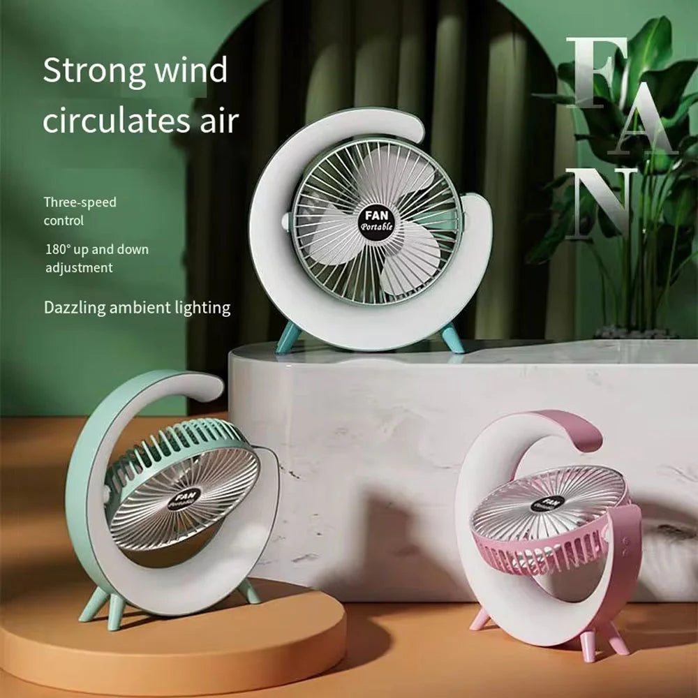 (Net) Powerful 3 Speed With Colorful Light Adjustable Usb Small Charged Cooler Table Cooling Portable Min Fan Rechargeable/kq607