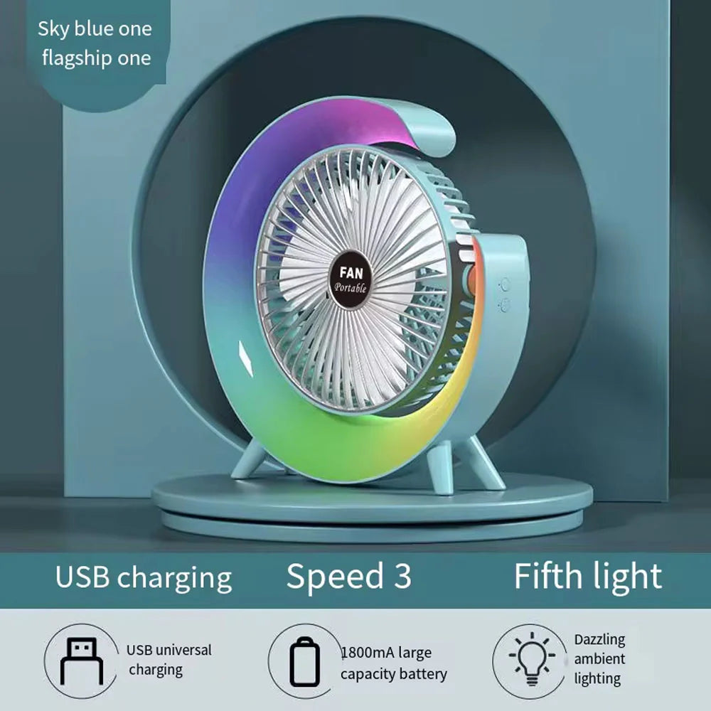 (Net) Powerful 3 Speed With Colorful Light Adjustable Usb Small Charged Cooler Table Cooling Portable Min Fan Rechargeable/kq607