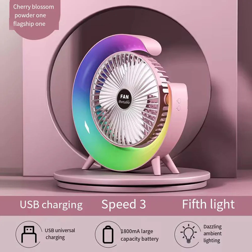 (Net) Powerful 3 Speed With Colorful Light Adjustable Usb Small Charged Cooler Table Cooling Portable Min Fan Rechargeable/kq607