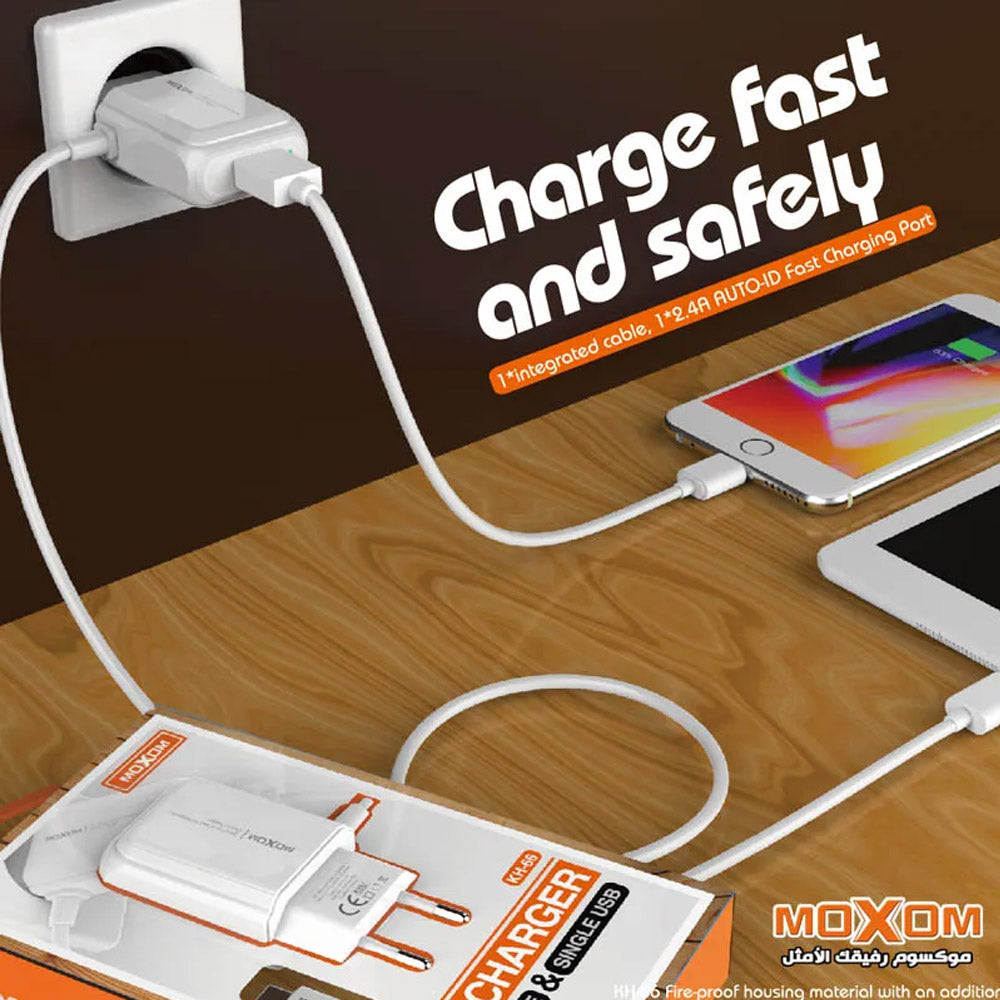 MOXOM KH-66 CHARGER Built-in Cable with USB Fast Charging Port 2.4A High Quality MOXOM KH-66 CHARGER