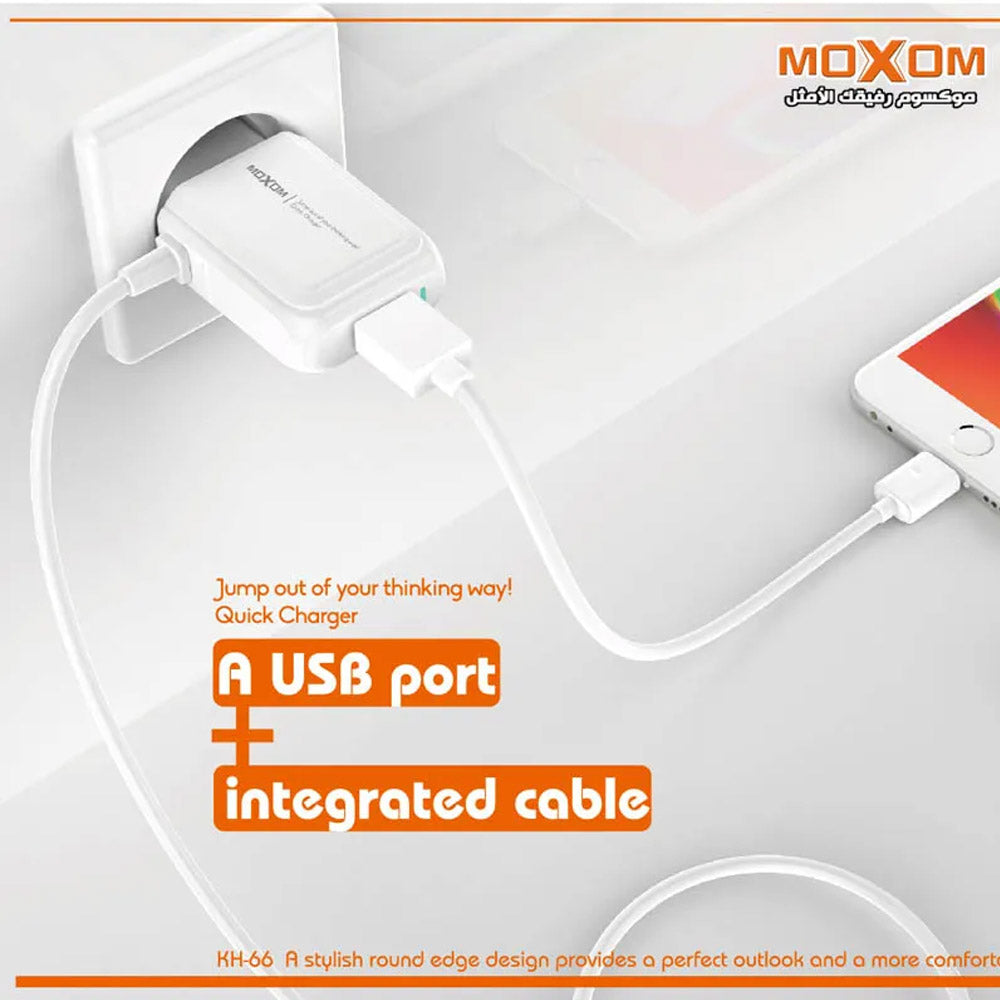 MOXOM KH-66 CHARGER Built-in Cable with USB Fast Charging Port 2.4A High Quality MOXOM KH-66 CHARGER