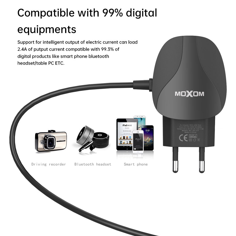 MOXOM Fast Wire Wall Charger 2 USB Charger Europe Plug 2.4A Home Charger Travel Partner