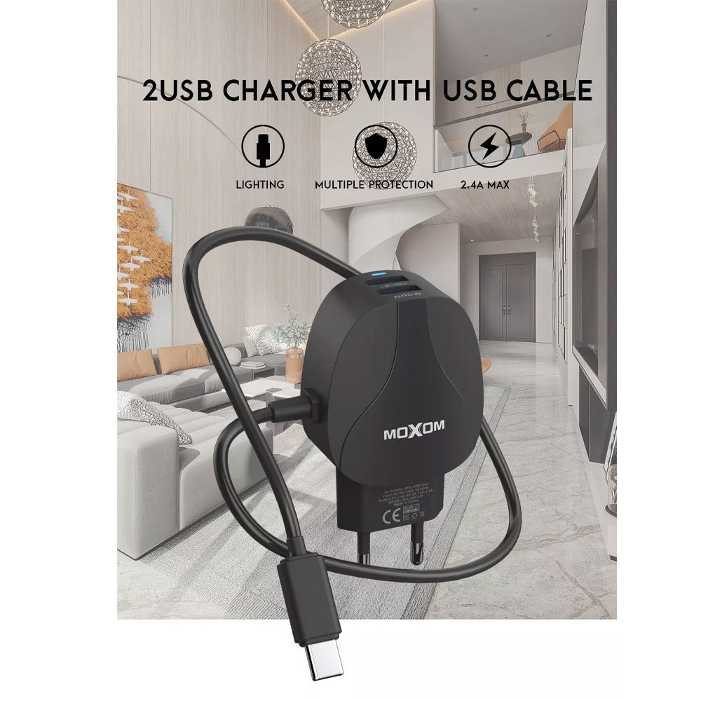 MOXOM Fast Wire Wall Charger 2 USB Charger Europe Plug 2.4A Home Charger Travel Partner