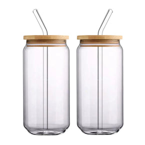 Can Glass Juice Water Cup With Bamboo Wood Lid And Plastic Straw 500 Ml/jr23-9