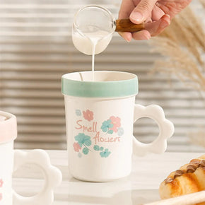 (Net) Ceramic Coffee Mug With Lid And Flower Shaped Handle - 16oz /kn-485