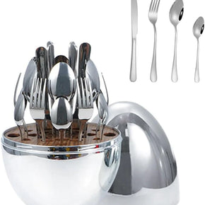 Fork Knife Spoon Set With Egg-Shaped Tableware Storage Box Premium Stainless Steel 24 Pcs ( Silver)/kr-161