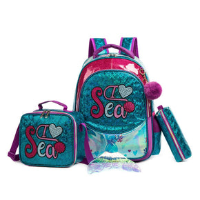 Eazy Kids-17inch School Bag Lunch Bag Pencil Case Set Of 3 Mermaid Sea - Green / 11505-3