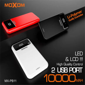 Shop Online Moxom MX-PB11 Power Bank Dual Fast Charging Port 2.4A, LCD Display and LED Light Superior Design Moxom Dual USB 2.4A Charging Port with LCD Battery Percentage Display Power Bank (10000mAh) - Karout Online Shopping In lebanon